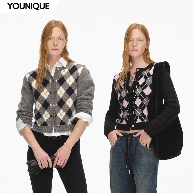 【ECHOADE】精选100%蓬松绵羊毛 圆领设计短款菱格纹针织开衫