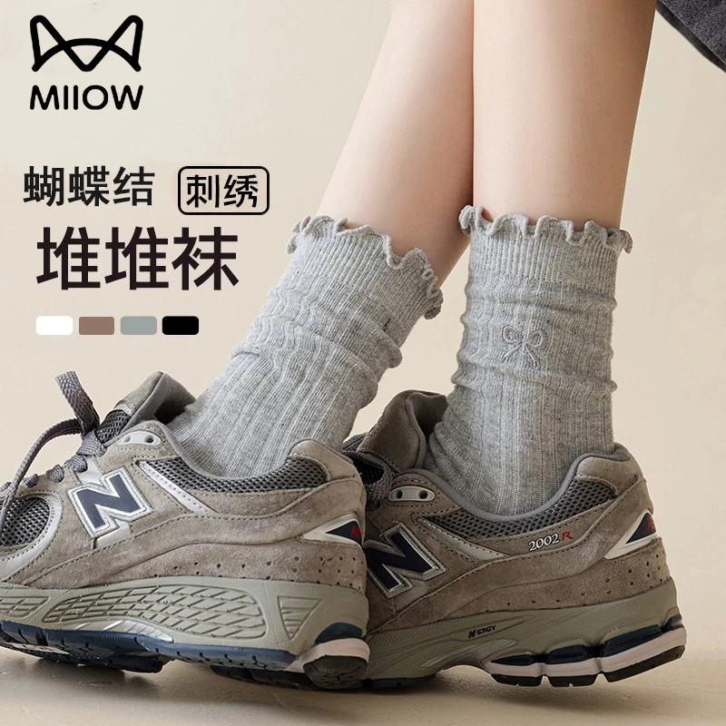 猫人袜子女蝴蝶结木耳边堆堆袜不起球中筒棉袜春秋无骨花边长筒袜