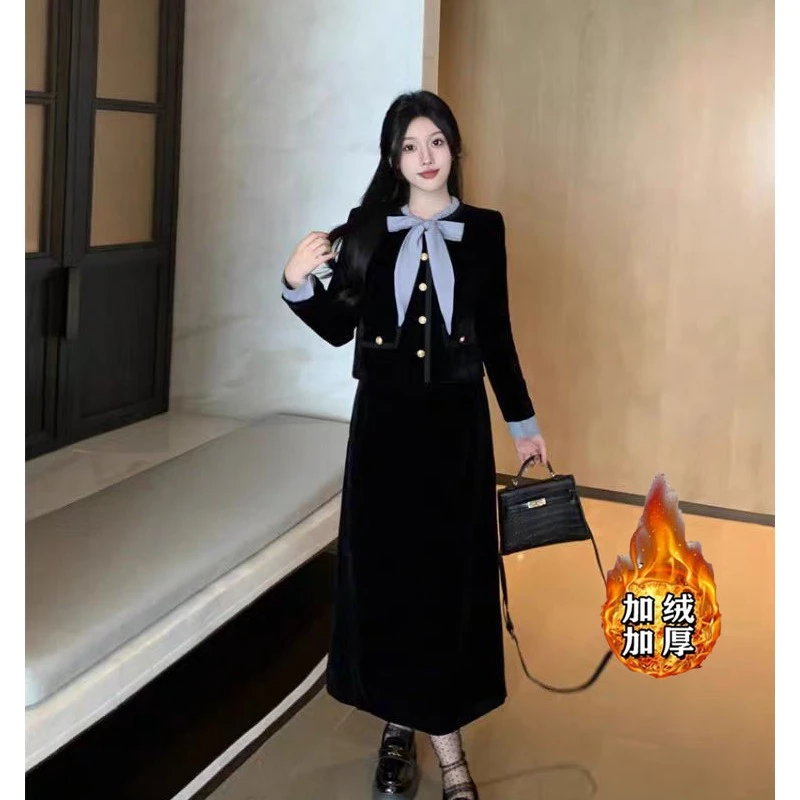 （现货）遮肉小香风连衣裙胖mm秋冬气质高级感时尚法式两件套装1689