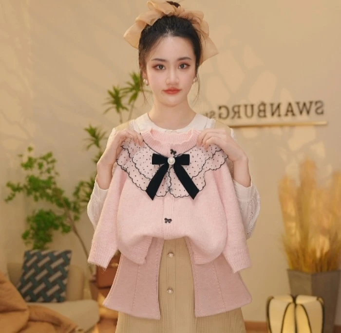 【Y.a6678】25春季新款女童甜美蝴蝶结毛衣百搭长裤女宝时尚套装
