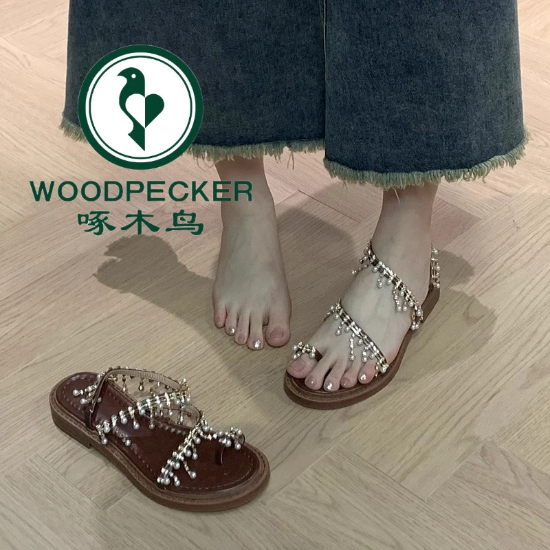 啄木鸟波西米亚金色水钻仙女风凉鞋夏新款轻便旅游海边夹趾罗马鞋