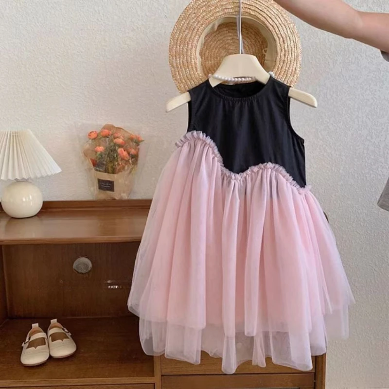 6Y162夏季女童背心连衣裙夏装新款女宝宝洋气撞色拼接网纱公主裙