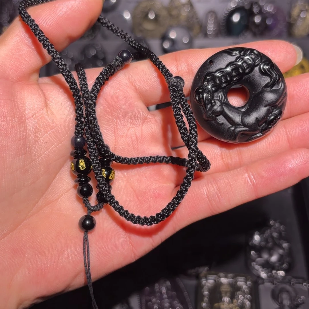 黑曜岩未镶嵌颈饰天然黑曜石生肖马吊坠，假一赔十