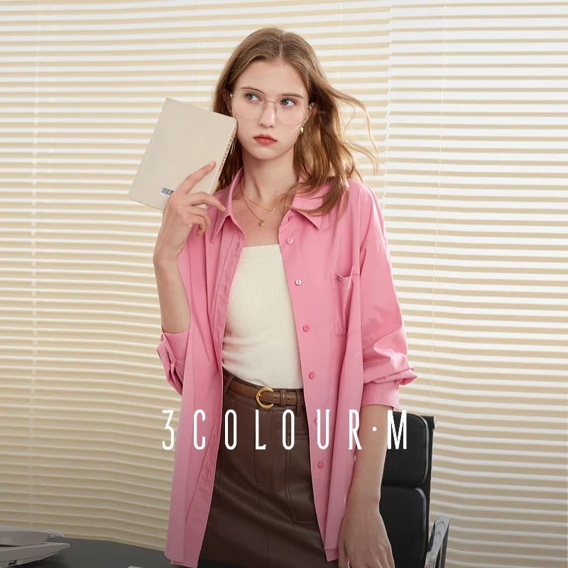 三彩2025夏季新款多巴胺树莓粉衬衫翻领宽松休闲防晒衬衣上衣女M