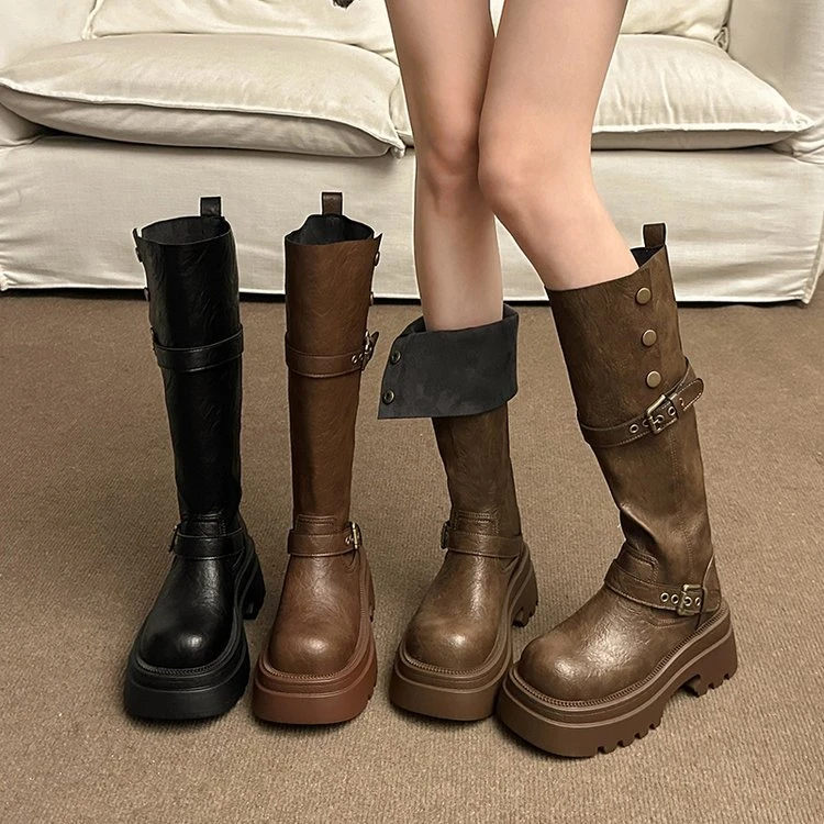 两穿厚底不过膝高筒靴女复古英伦风皮带扣骑士靴美拉德棕色长筒靴