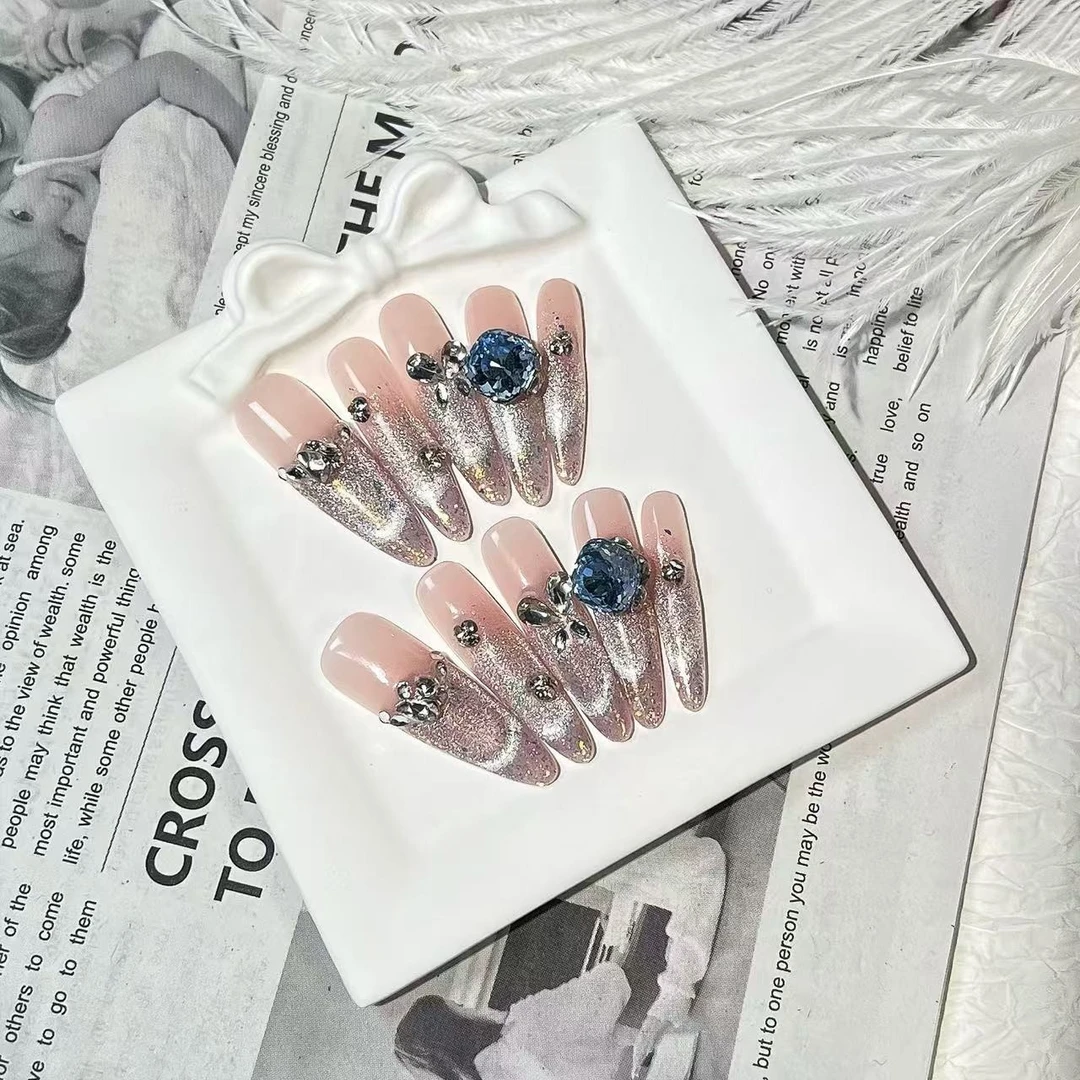 【光明女神】气质粉色爆闪镶钻冰透纯手工穿戴甲