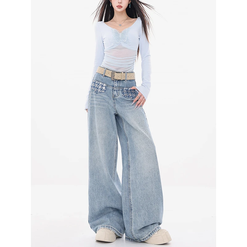 ABWEAR 海洋之心-原创浅春系亮片牛仔裤女2025新款阔腿宽松直筒裤