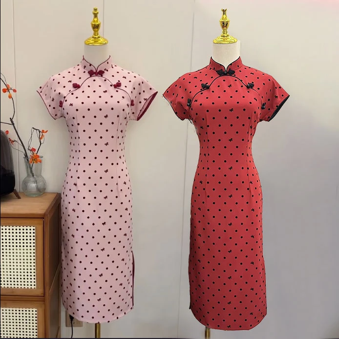 粉色旗袍改良版连衣裙日常减龄低领新中式复古气质显瘦小个子短款