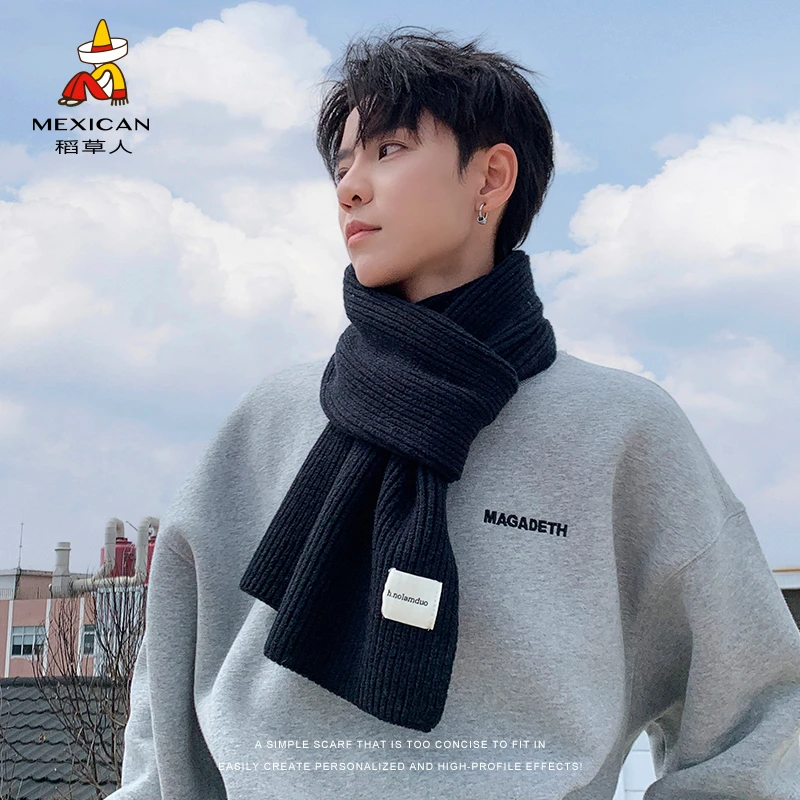 稻草人围巾男士2024冬季新款韩系ins百搭纯色围脖保暖防寒情侣款