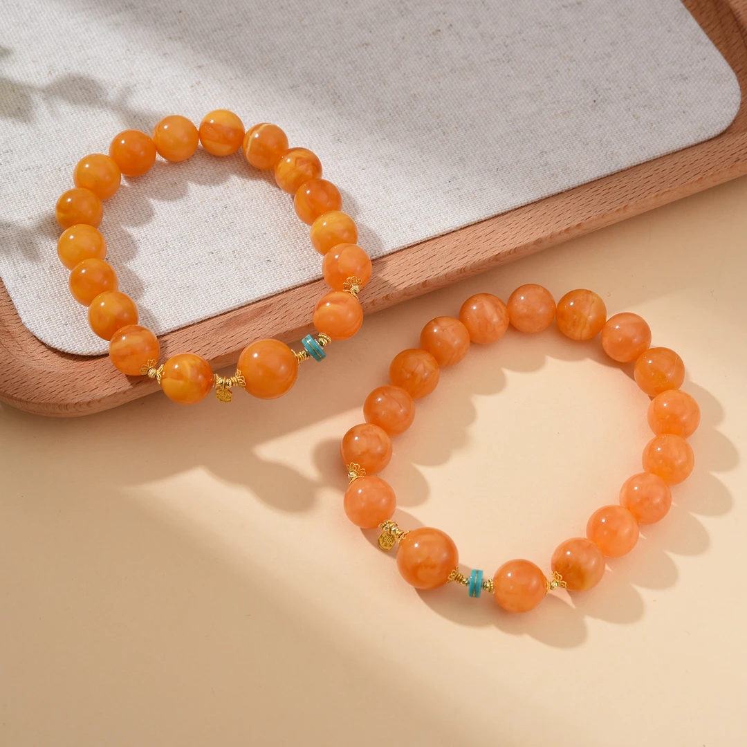 【婉葶珠宝】18K金蜜蜡绿松单圈手串（多样性发一）