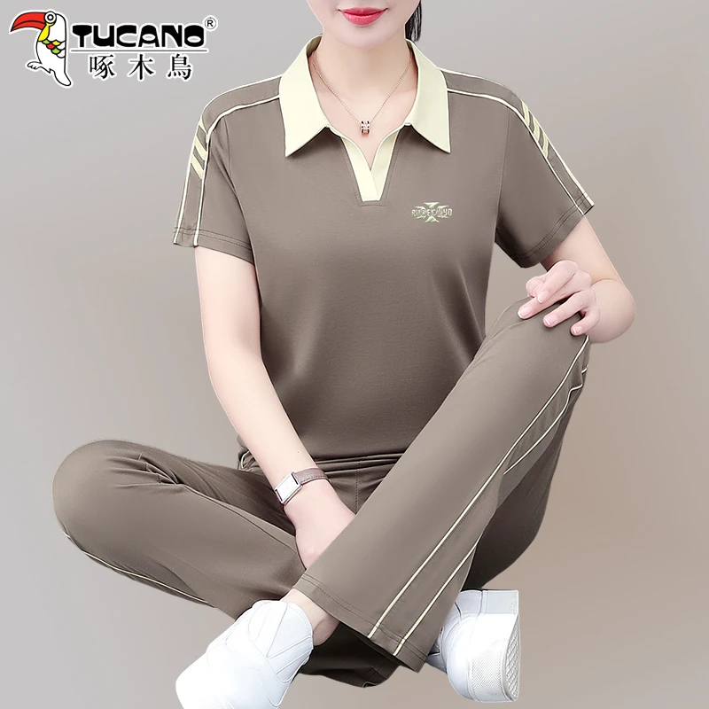 啄木鸟休闲运动套装女夏季2025新款中年妈妈装冰丝短袖翻领两件套