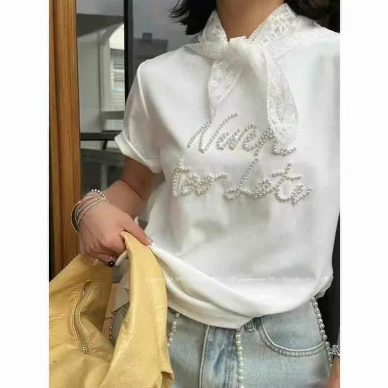 [2607]2025春夏季新款女装时尚高品质珍珠刺绣字母设计丝