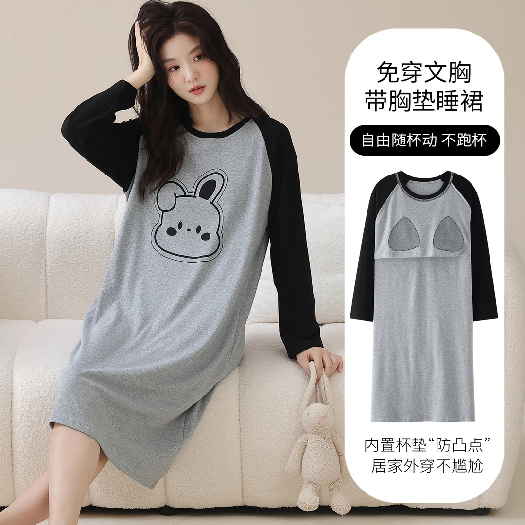 带胸垫纯棉睡衣睡裙女款春秋2025新款加肥大码长袖全棉可外穿胖mm