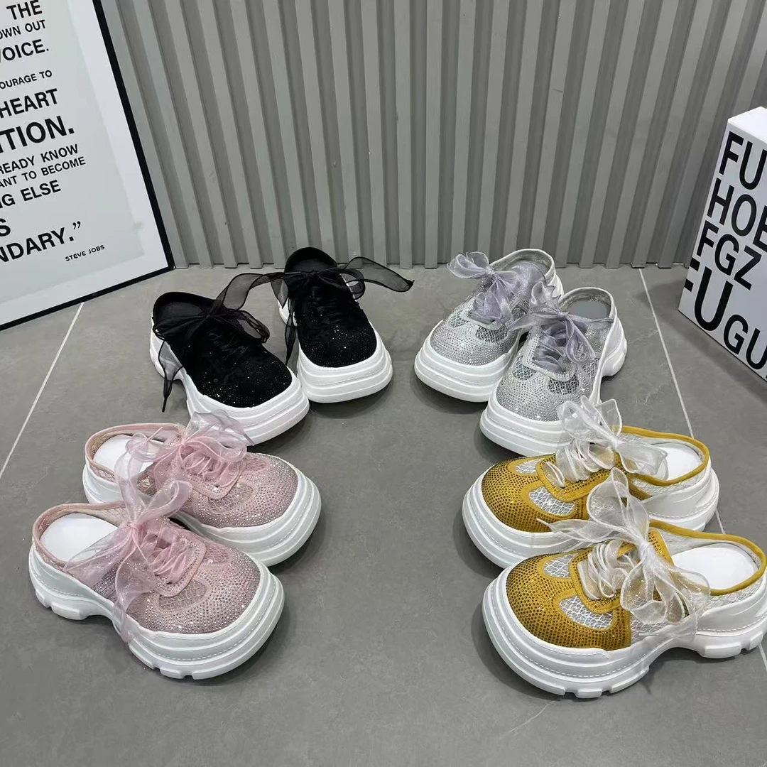 欧货2025年新款大头珠光厚底松糕包头半拖鞋小个子小白鞋女凉鞋托