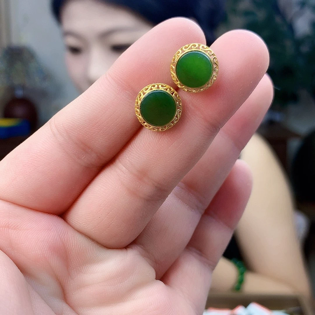 吊坠(不含链)银S925镶嵌和田玉（碧玉）耳钉