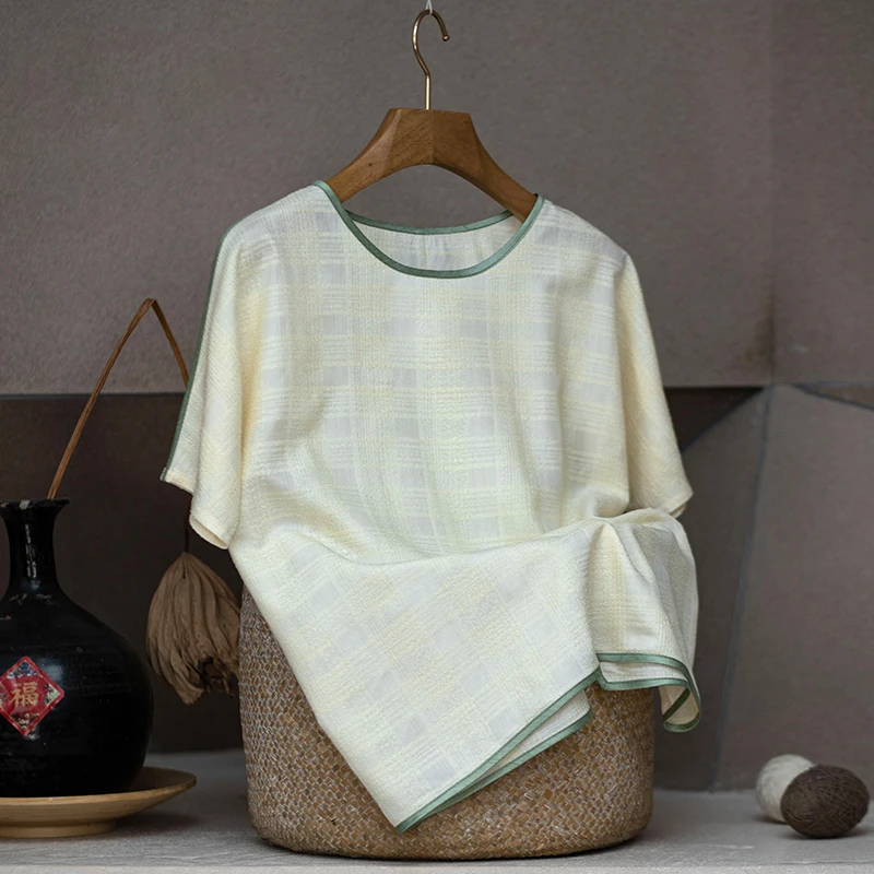 youyuansu/幽元素原创女装时尚休闲夏季宽松格子文艺圆领上衣