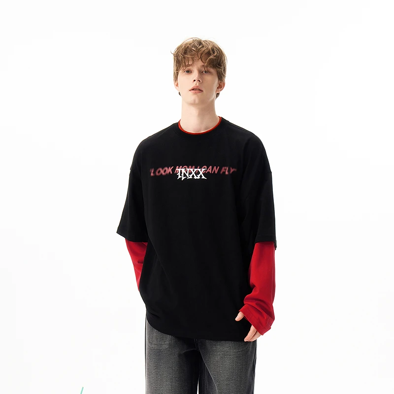 【INXX】潮牌假两件撞色T恤双层印花长袖上衣男女同款XRF1010537