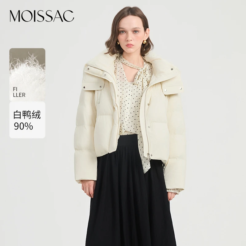 【星线好物】MOISSAC摩萨克2025冬米白色纽扣装饰立领连帽羽绒服
