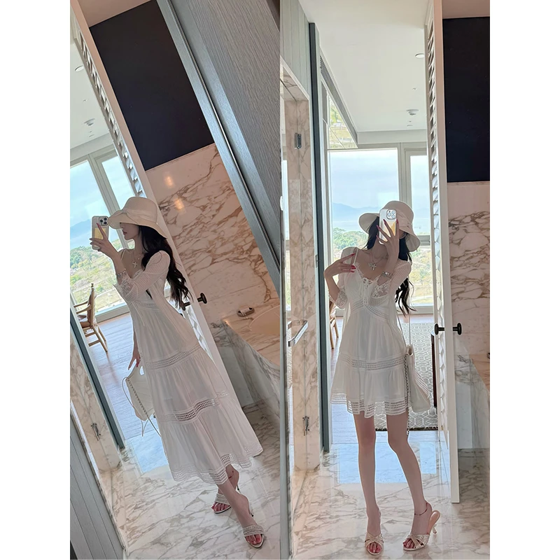 杜总家 白裙如约*原创韩系清冷感美人V领吊带裙度假温柔女连衣裙