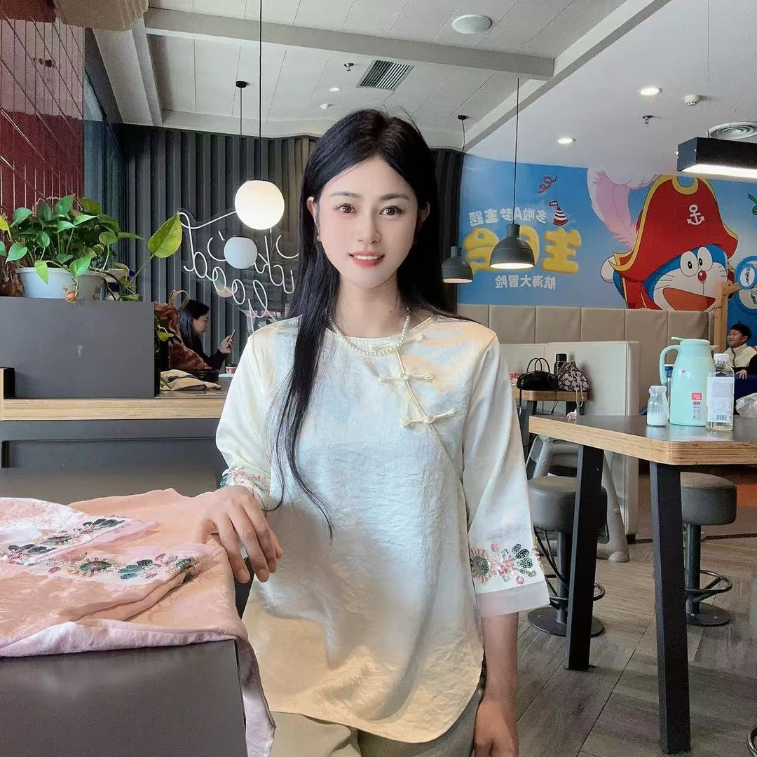 新中式重工亮片气质斜襟手工盘扣圆领显瘦双绉衬衫