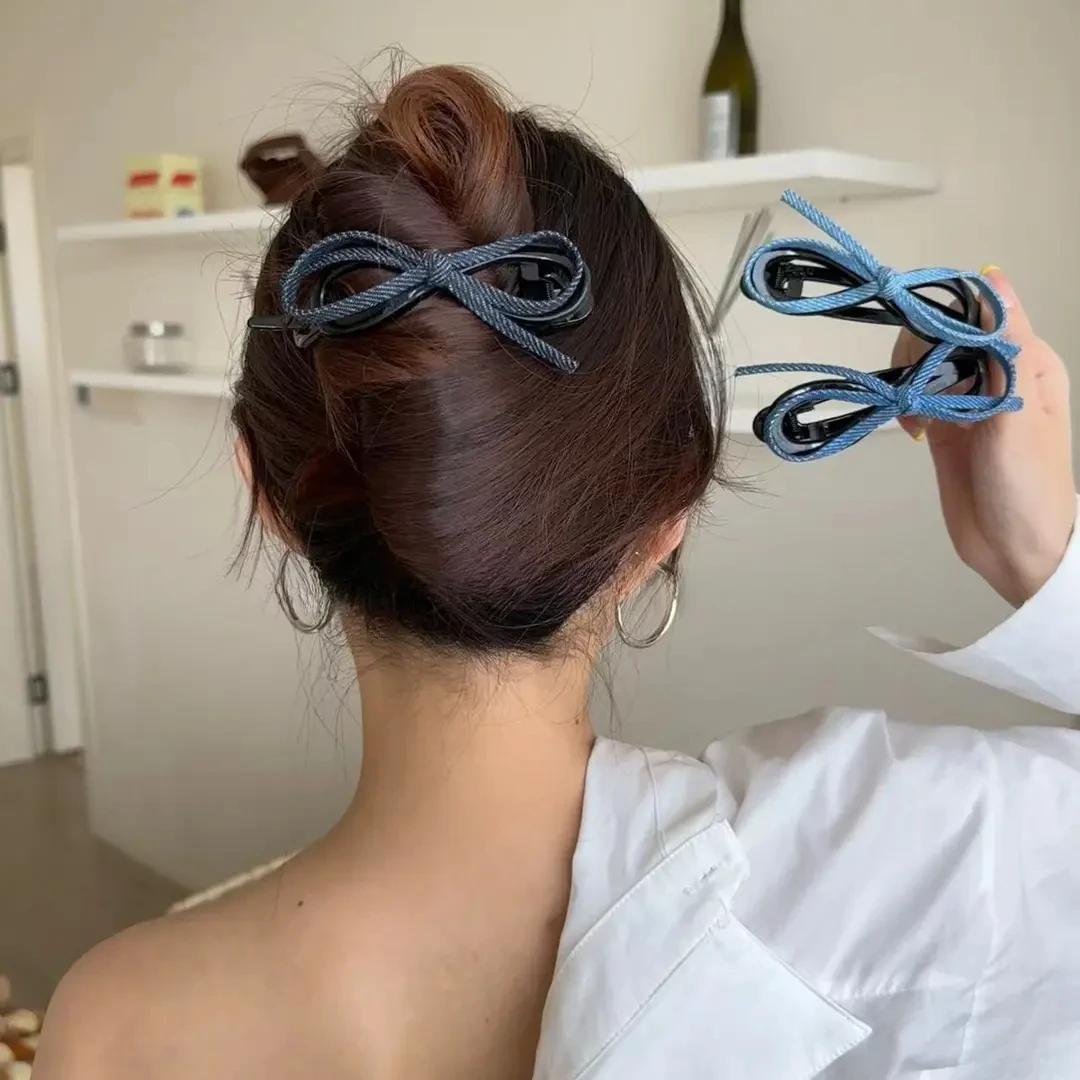 夏日新款牛仔蝴蝶结扭扭夹日常扎发抓夹慵懒感发饰头饰时尚马尾