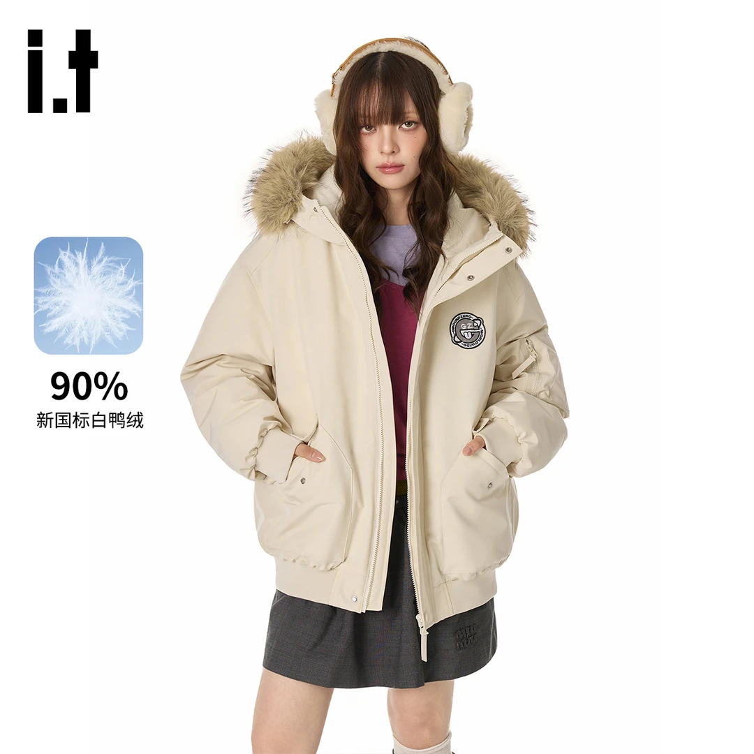 i.t GROUNDZERO【90白鸭绒】可拆卸大毛领情侣徽章工装派克羽绒服
