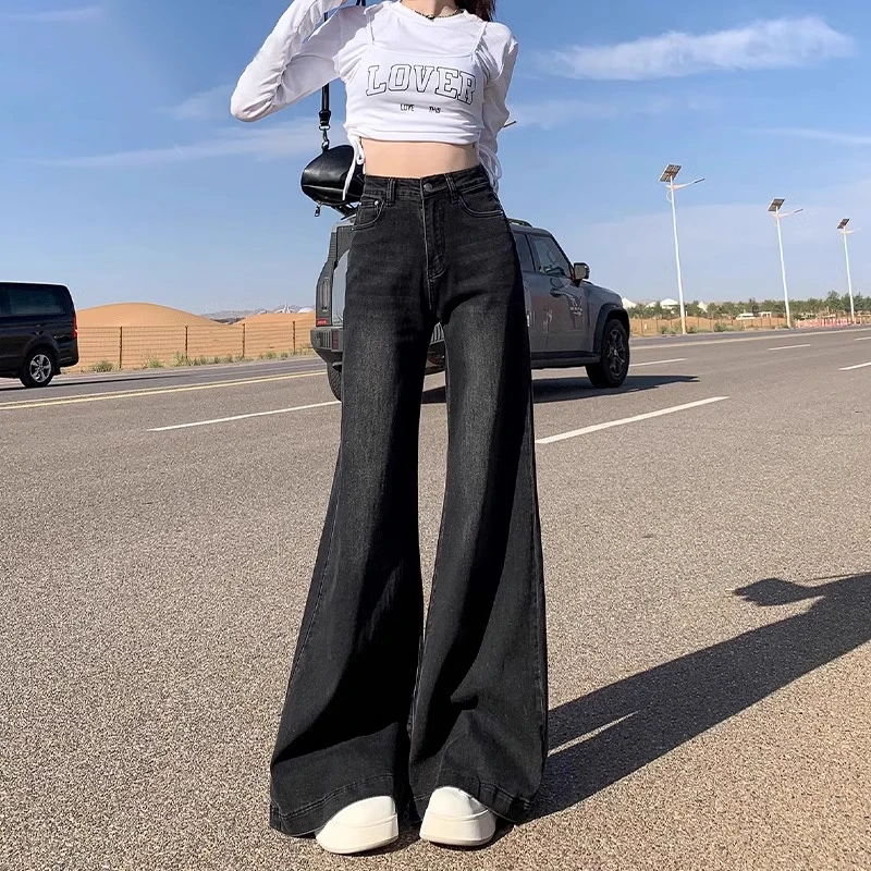 黑灰色不贴腿微喇牛仔裤女2025春夏新款高腰阔腿宽松喇叭拖地裤子