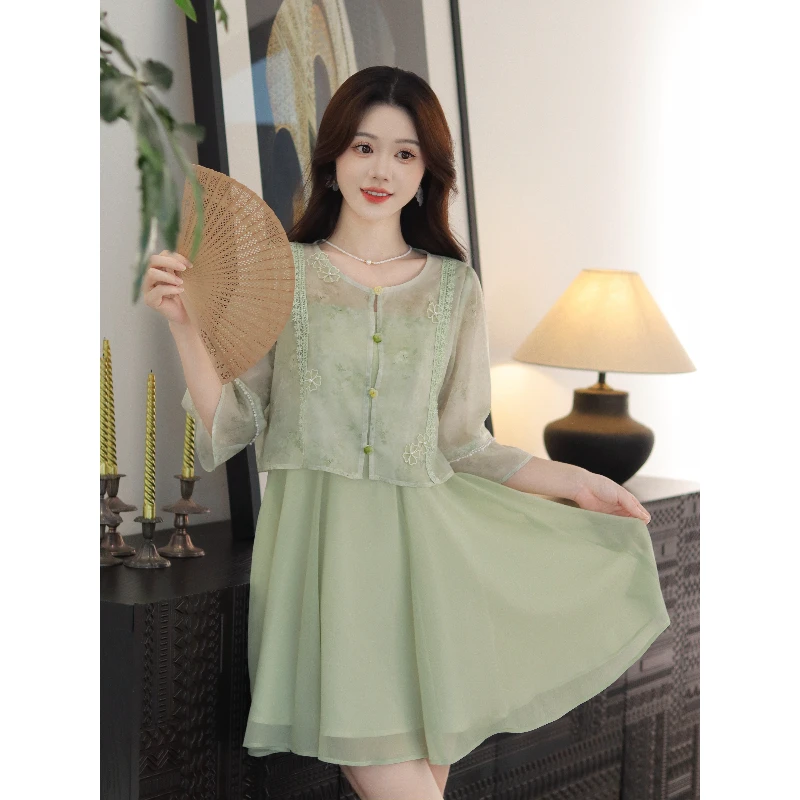 瑶西【清枝】女夏巨好看短裙纱质刺绣外搭新中式连衣裙汉服两件套