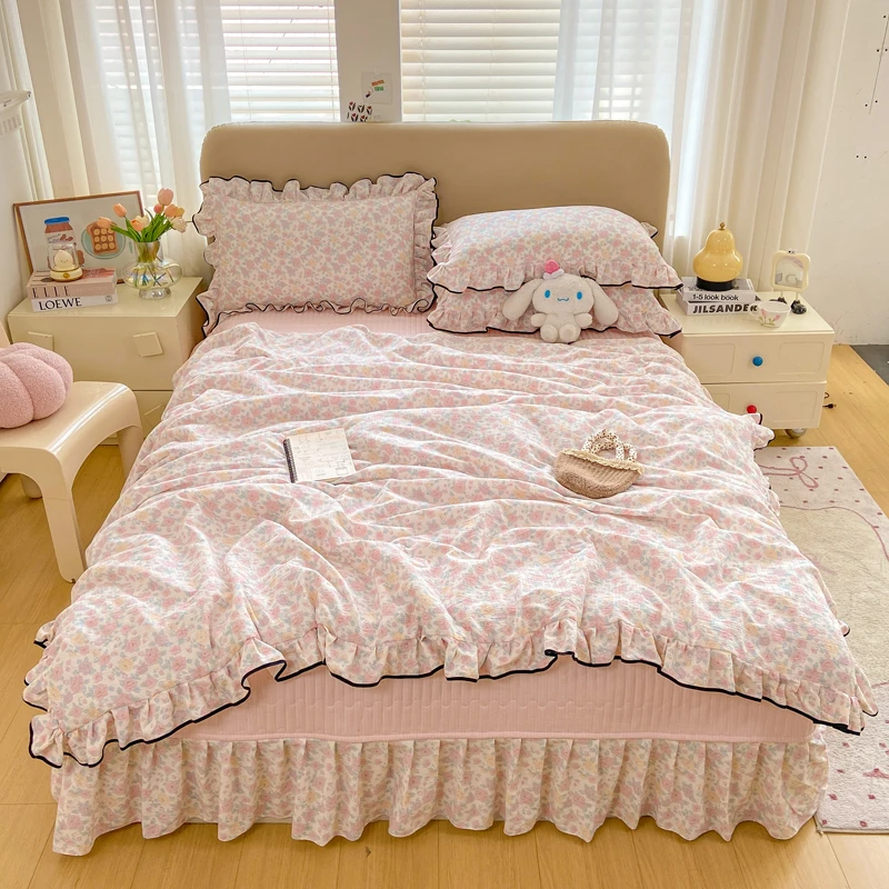 【夏被床盖款四件套】A类双层纱针织棉夏凉被空调被公主风花边薄被