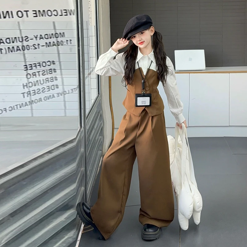 女童套装秋装2025新款洋气中大儿童韩系假两件衬衫上衣秋季两件套