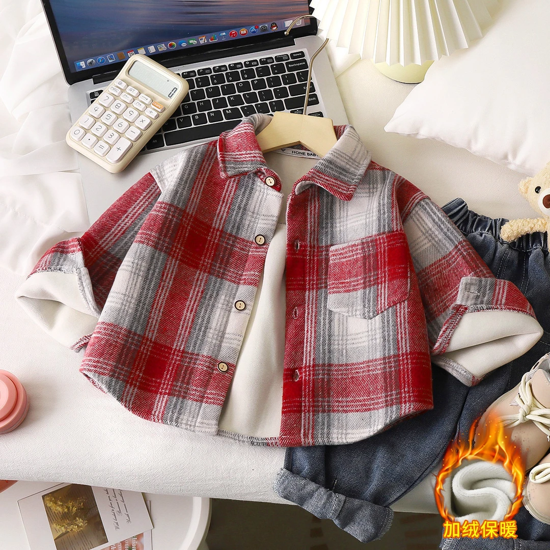 儿童加绒格子衬衣秋冬季新款洋气时尚中小童网红潮款加厚保暖外套