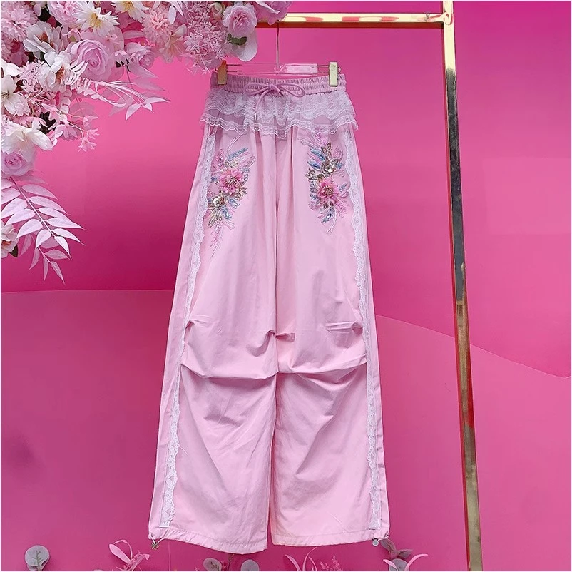 A1349欧美设计师2025早春新款刺绣钩花拼接蕾丝腰边直筒休闲裤女