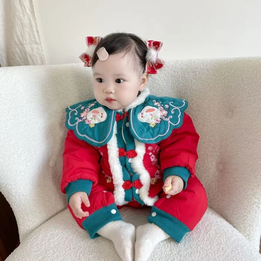 加绒婴儿加厚宝宝连体衣百天秋冬周岁过年拜年喜庆衣服冬装哈衣