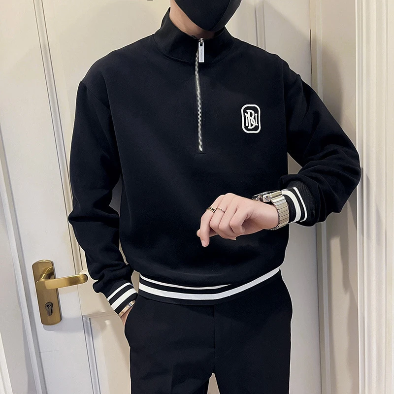 8258春秋季半高领卫衣男女ins套头拉链长袖T恤衫痞帅上衣服