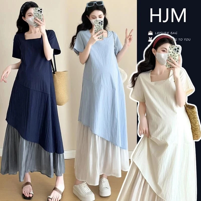 时髦孕妇装夏季新款时尚简约方领短袖撞色假两件拼接显瘦款连衣裙