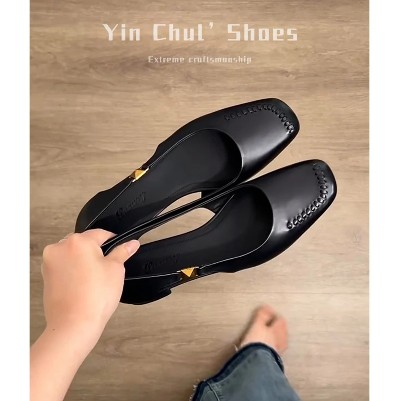 【现货秒发】平底浅口单鞋女黑色方头不累脚百搭中空法式玛丽珍鞋