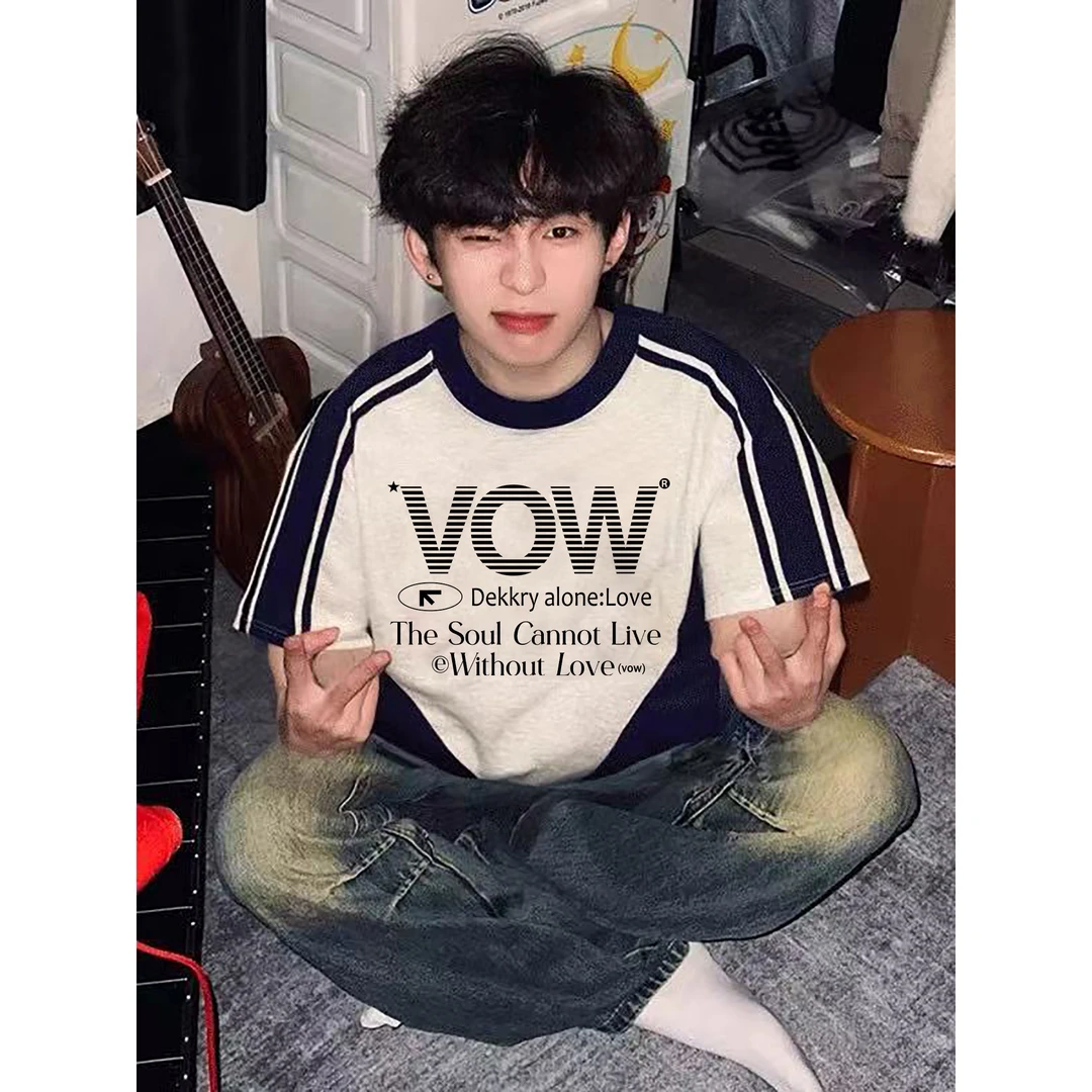 100%纯棉美式条纹字母印花拼接插肩短袖T恤男女夏季休闲学生上衣