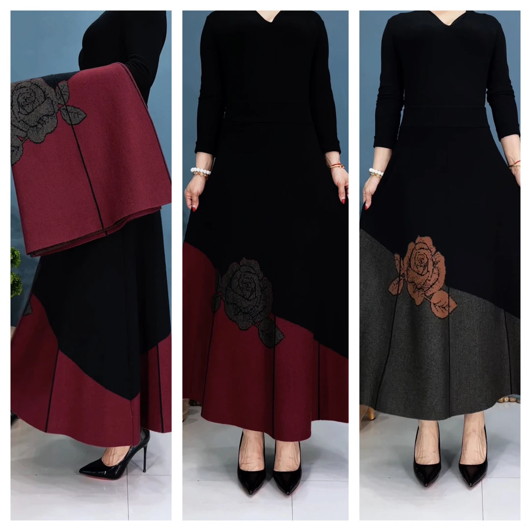 823#秋冬针织显瘦玫瑰设计感女士半身裙