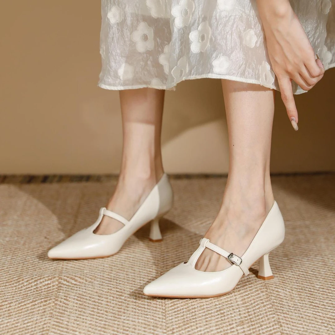 法式百搭气质优雅细跟尖头高跟鞋T型鞋芭蕾单鞋小猫跟玛丽珍女鞋