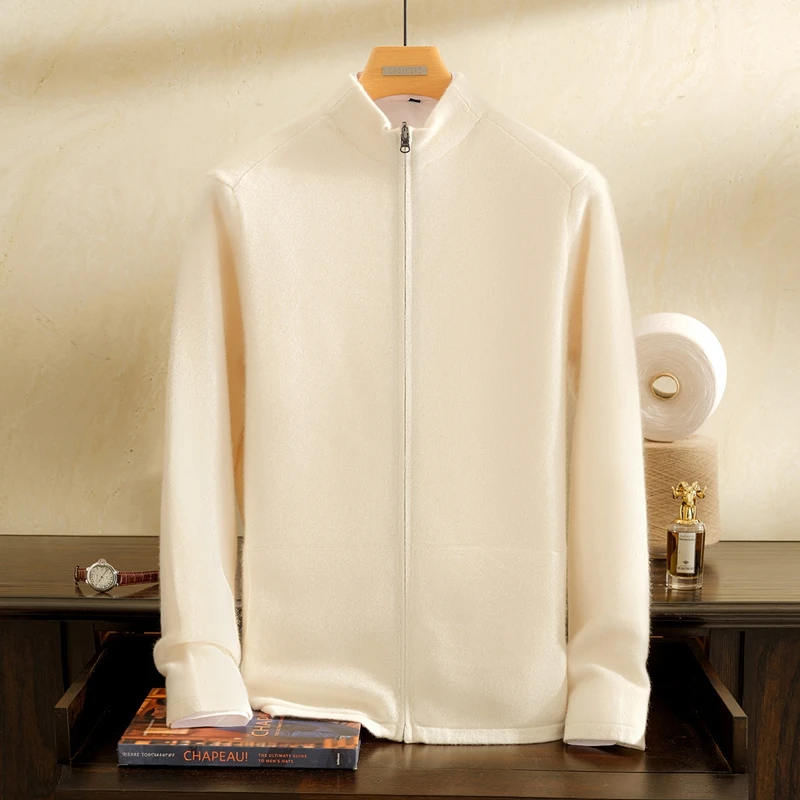 【秋冬上新】男士加厚纯山羊绒开衫半高领长袖商务休闲针织拉链外套