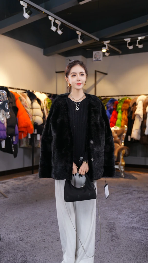 YJ【邢邢推荐】单面穿水貂皮毛一体外套中长款女D-2331