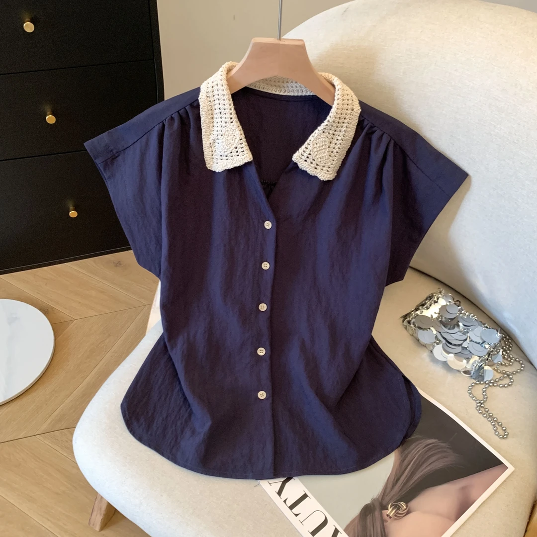 法式气质蕾丝拼接翻领衬衫女夏季2025新款氛围感气质显瘦短袖上衣