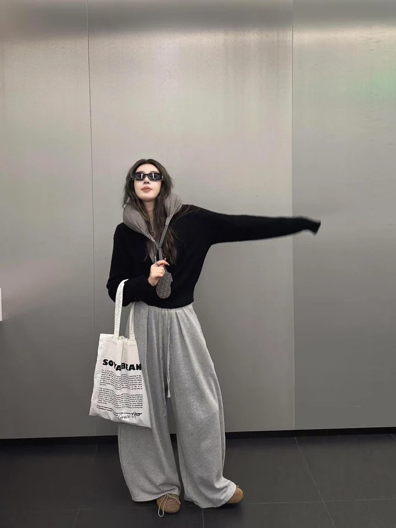 2025秋季新款韩系气质简约黑色拉链针织开衫灰色阔腿休闲裤两件套