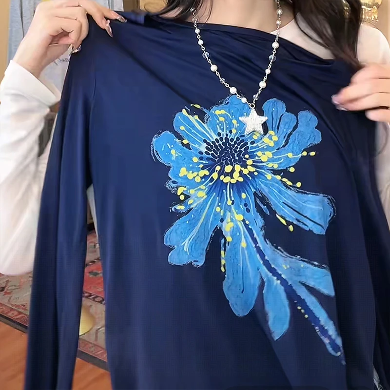 新中式中国风白底蓝花长袖女上衣夏薄款轻奢高级感超好看宽松t恤