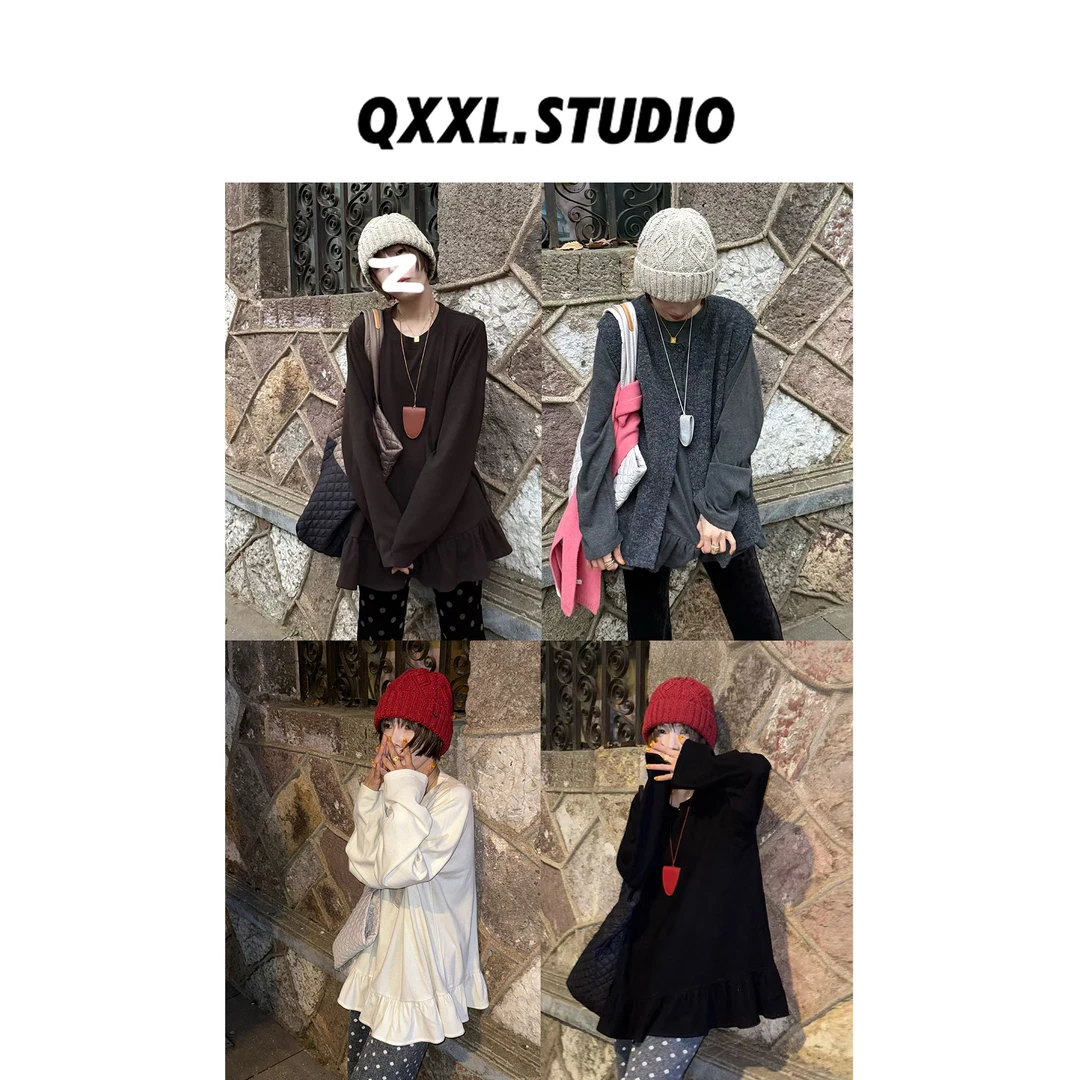 邱小小丽呀 秋冬新款圆领长袖花边T恤女设计感百搭宽松打底上衣