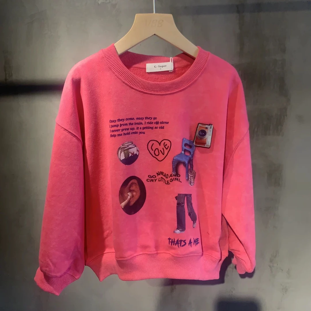 实体店精品男童女童秋季新款宽松慵懒风卡通字母印花圆领长袖卫衣