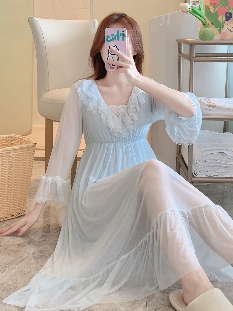 SQ005睡裙女春秋款蕾丝甜美可爱仙女宫廷公主睡衣夏家居服