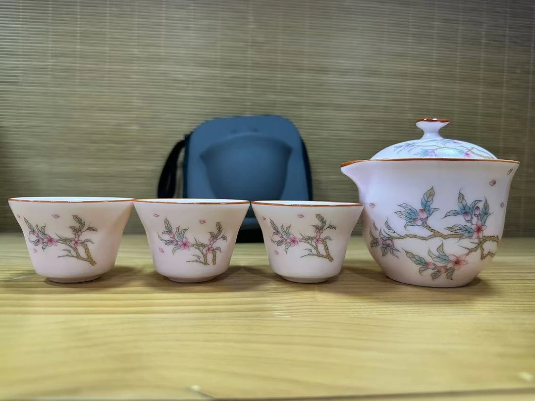 陶瓷家用款喜上眉梢粉色手抓壶旅行快客杯YY4874