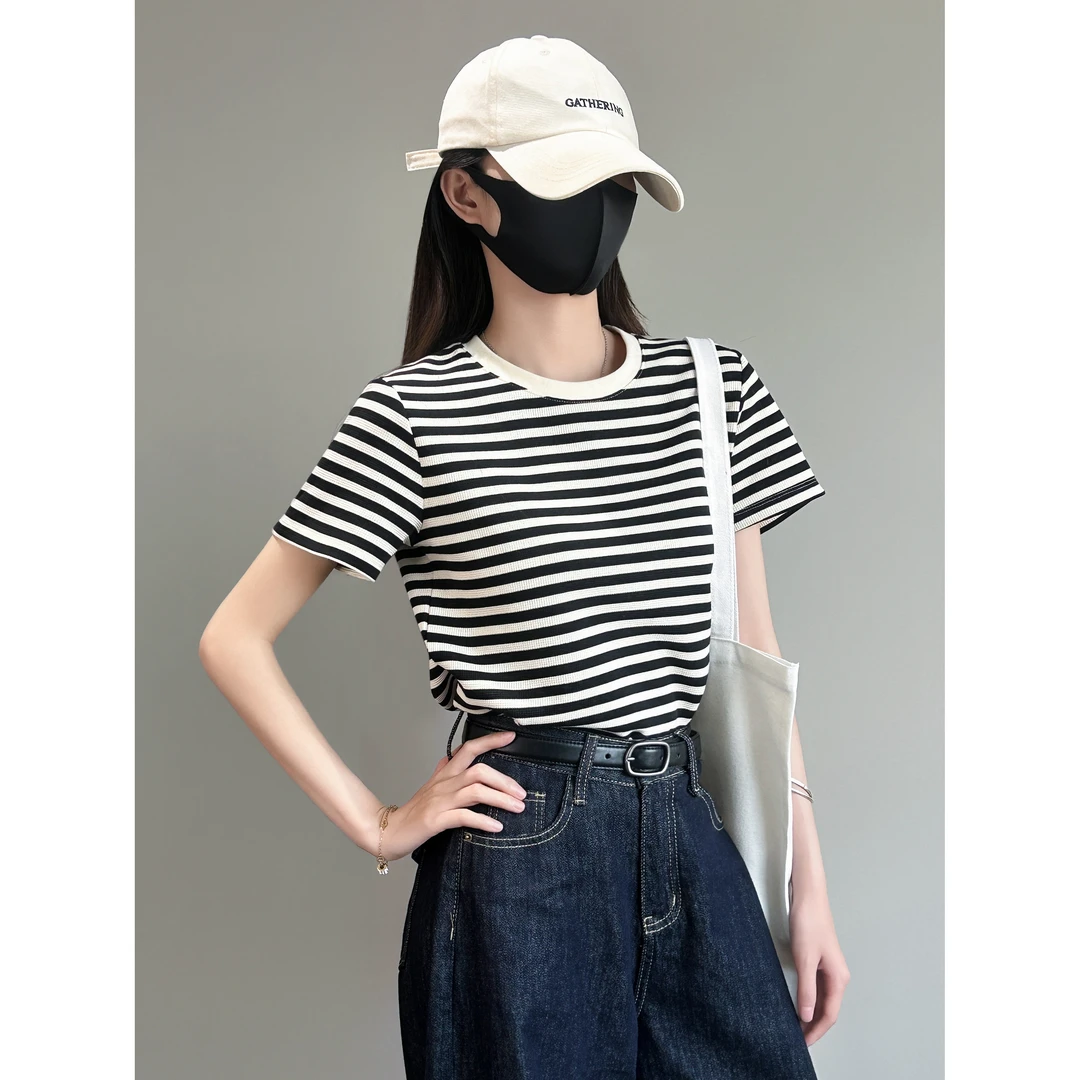 黑白条纹短袖t恤港风设计感小众半袖宽松百搭高级感上衣女夏显瘦