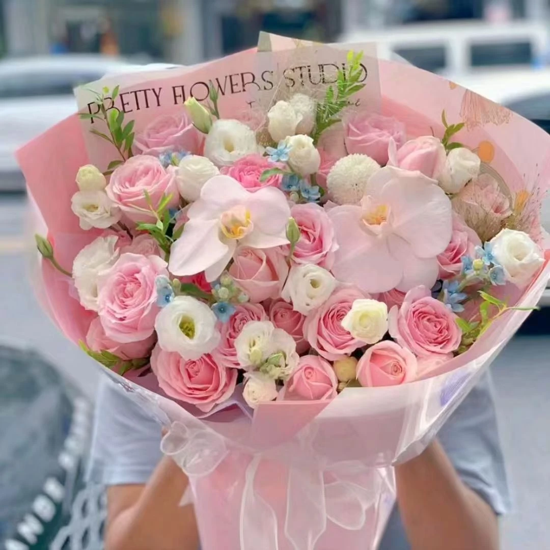 【爱你超甜】26朵粉雪山玫瑰2朵蝴蝶兰混搭花束鲜花送女友生日礼物花送花上门
